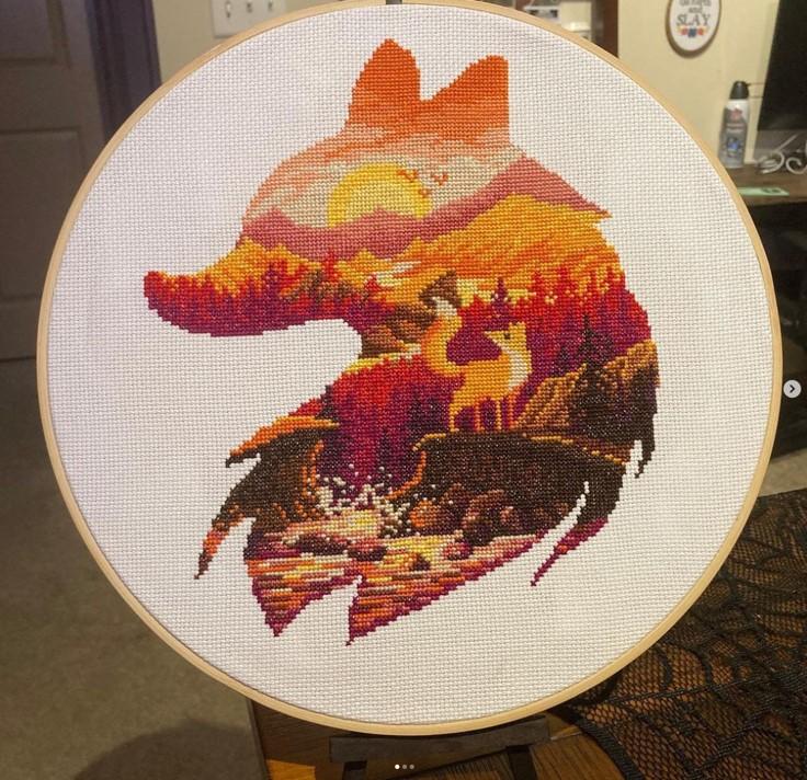 Red fox silhouette with landscape cross stitch pattern by Smasterilli 222