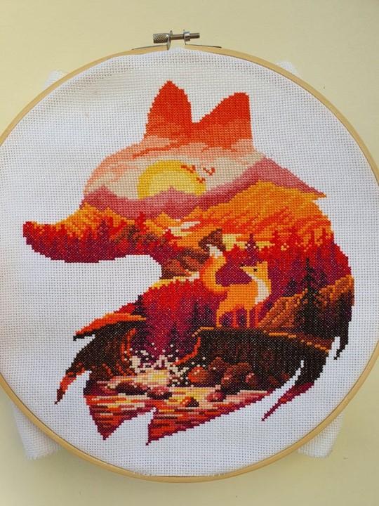 Red fox silhouette landscape cross stitch pattern - Finished work by our customers from social networks. Many thanks for this photo.
