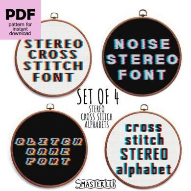 Set of 4 stereo alphabets cross stitch patterns. Design by Smasterilli. Digital cross stitch pattern for instant download. Letters and numbers Patterns for Cross Stitch, Glitch Effect Stitching. #smasterilli #crossstitch #crossstitchpattern #alphabet #crossstitcchfont #stereo #glitchalphabet #3D #retrogame #gamefont