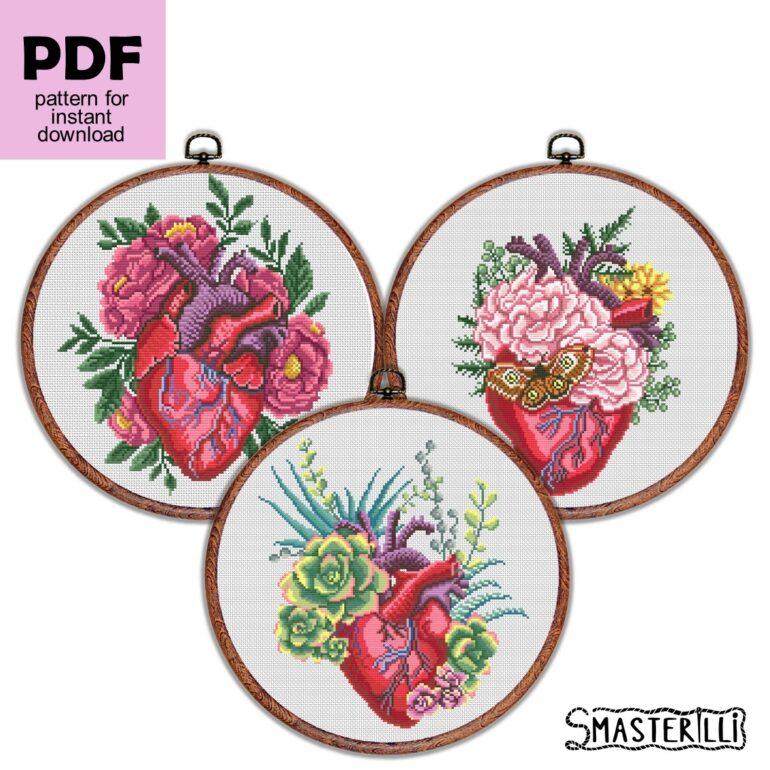 Anatomical heart cross stitch pattern with flowers and plants. Set of three patterns, Embroidery ornament by Smasterilli. Digital cross stitch pattern for instant download. #smasterilli #crossstitch #crossstitchpattern #lovecrossstitch #valentinedaygift #heartcrossstitch