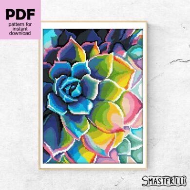 Rainbow succulent plant cross stitch pattern PDF , large embroidery design with flower by Smasterilli. Digital cross stitch pattern for instant download.