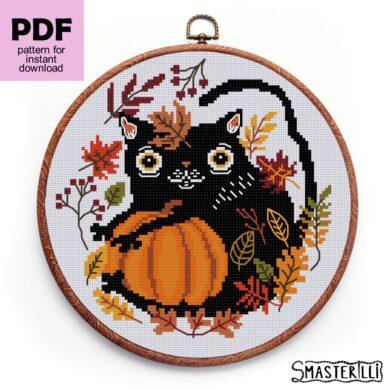 Black cat with pumpkin and autumn leaves cross stitch pattern PDF by Smasterilli. Digital cross stitch pattern for instant download. Cat Lover's Gift idea for handmade craft. Halloween handmade crafts #smasterilli #crossstitch #crossstitchpattern #halloweencrossstitch #halloweengift #catcrossstitch #blackcats