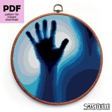 Blue scary ghost hand cross stitch pattern by Smasterilli. Digital cross stitch pattern for instant download. Halloween handmade crafts #smasterilli #crossstitch #crossstitchpattern #halloweencrossstitch #halloweengift #ghosthand