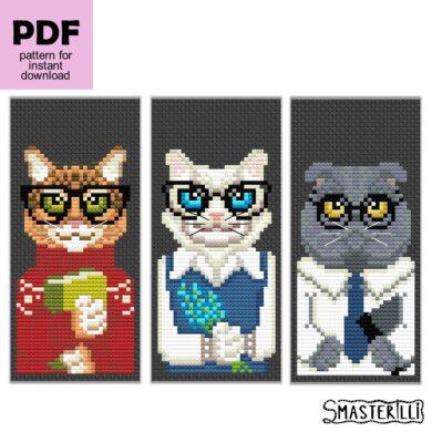 Cat with glasses, cross stitch patterns for three bookmarks in PDF by Smasterilli. Digital cross stitch pattern for instant download. easy cross stitch for beginners. Cat Lover's Gift idea for handmade craft. Book Lover's Craft #smasterilli #crossstitch #crossstitchpattern #bookmarkcrossstitch #catcrossstitch #catwithglasses