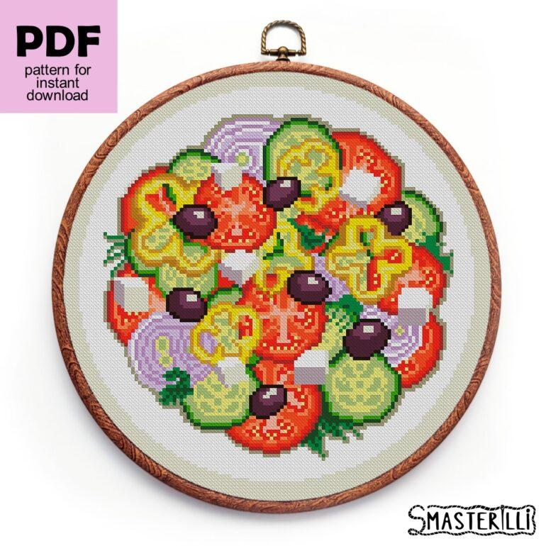 Vegetarian cesar salad cross stitch pattern PDF by Smasterilli . Digital cross stitch pattern for instant download. Kitchen décor cross stitch idea #smasterilli #crossstitch #crossstitchpattern #foodcrossstitch #salad #vegetariancrossstitch #kitchencrossstitch