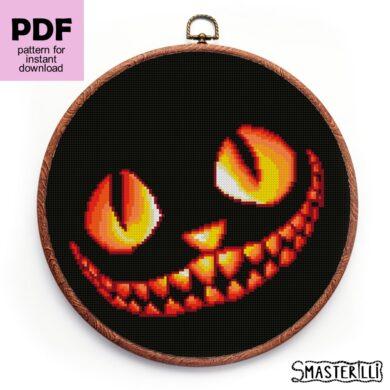 Halloween cheshire smiling cat cross stitch pattern by Smasterilli. Digital cross stitch pattern for instant download. Cat Lover's Gift idea for handmade craft. Halloween handmade crafts #smasterilli #crossstitch #crossstitchpattern #halloweencrossstitch #halloweengift #catcrossstitch #cheshirecat