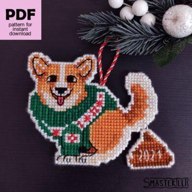 Christmas pooping corgi cross stitch pattern for plastic canvas. Pattern and detailed tutorial with photos and instructions for creation christmas gift by Smasterilli. Digital cross stitch pattern for instant download. Christmas handmade crafts. Plastic Canvas Project #smasterilli #crossstitch #crossstitchpattern #wintercrossstitch #christmascrossstitch #plasticcanvas #catcrossstitch