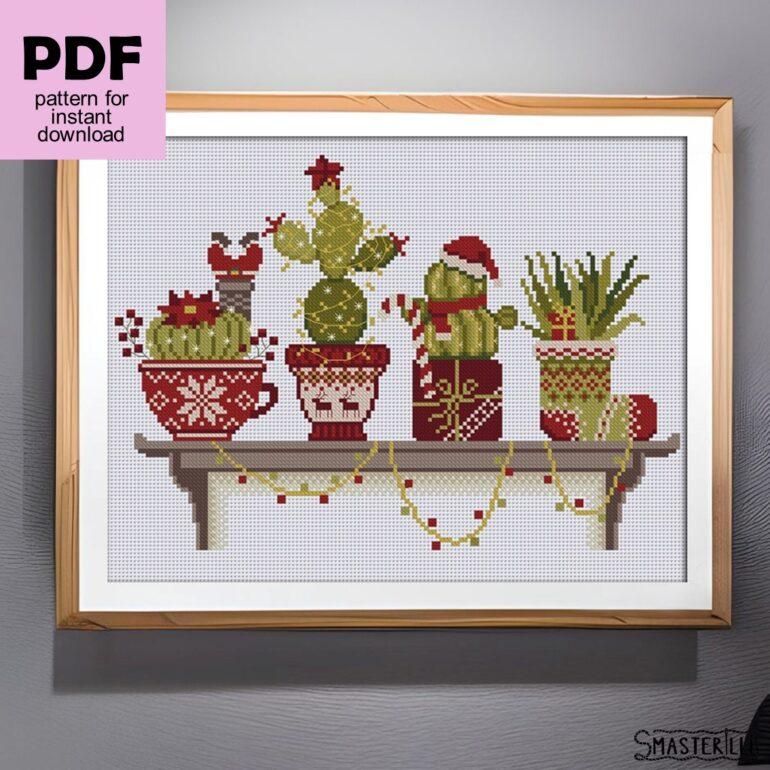 Christmas cacti on bookshelf cross stitch pattern PDF by Smasterilli. Digital cross stitch pattern for instant download. Christmas handmade crafts #smasterilli #crossstitch #crossstitchpattern #wintercrossstitch #christmascrossstitch #cactuscrossstitch