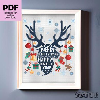 Deer silhouette with Christmas decorations cross stitch pattern by Smasterilli. Digital cross stitch pattern for instant download. Christmas handmade crafts #smasterilli #crossstitch #crossstitchpattern #wintercrossstitch #christmascrossstitch