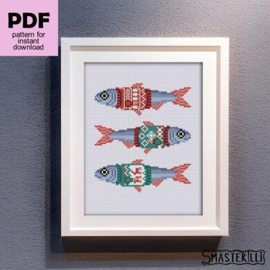 Fishes in Christmas sweaters cross stitch pattern PDF, funny christmas animals embroidery ornament. Digital cross stitch pattern for instant download. easy cross stitch for beginners. Christmas handmade crafts #smasterilli #crossstitch #crossstitchpattern #wintercrossstitch #christmascrossstitch #easycrossstitch #tinycrossstitch #fishcrossstitch