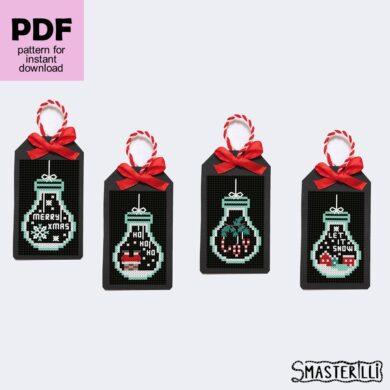 Christmas gift tags with snowflakes and bulbs. Easy cross stitch ornament for beginners buy Smasterilli. Digital cross stitch pattern for instant download. easy cross stitch for beginners. Christmas handmade crafts #smasterilli #crossstitch #crossstitchpattern #wintercrossstitch #christmascrossstitch #gifttags #easycrossstitch #tinycrossstitch