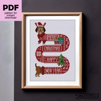 Christmas dog cross stitch pattern, long dachshund with Merry Christmas wish ornament for embroidery by Smasterilli. Digital cross stitch pattern for instant download. Christmas handmade crafts #smasterilli #crossstitch #crossstitchpattern #wintercrossstitch #christmascrossstitch #easycrossstitch #tinycrossstitch #datchshund