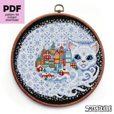 Snow cat spirit with city cross stitch pattern PDF by Smasterilli, white christmas cat embroidery design. Digital cross stitch pattern for instant download. Cat Lover's Gift idea for handmade craft. Christmas handmade crafts #smasterilli #crossstitch #crossstitchpattern #wintercrossstitch #christmascrossstitch #catcrossstitch