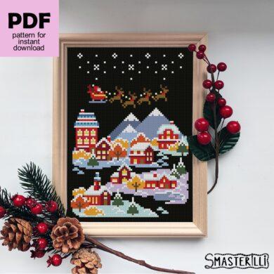 Winter city cross stitch pattern PDF by Smasterilli, easy christmas ornament for beginners. Digital cross stitch pattern for instant download. easy cross stitch for beginners. Christmas handmade crafts #smasterilli #crossstitch #crossstitchpattern #wintercrossstitch #christmascrossstitch #easycrossstitch #tinycrossstitch #santacrossstitch