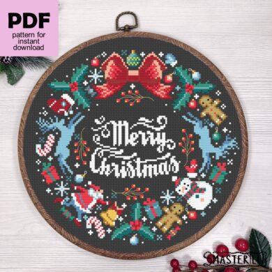 Christmas wreath cross stitch pattern with traditional Xmas symbols: santa, deers, gifts. Easy embroidery ornament by Smasterilli. Digital cross stitch pattern for instant download. Christmas handmade crafts. Christmas handmade crafts #smasterilli #crossstitch #crossstitchpattern #wintercrossstitch #christmascrossstitch #christmaswreath #samplercrossstitch #merrychristmas