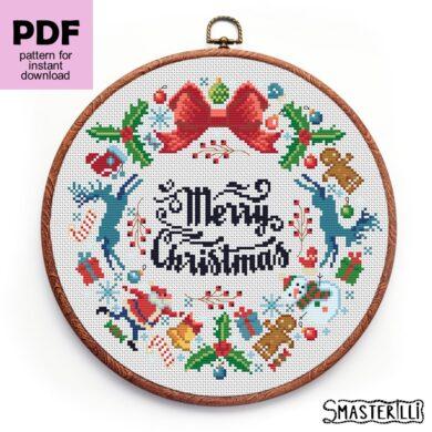 Christmas wreath cross stitch pattern with traditional Xmas symbols: santa, deers, gifts. Easy embroidery ornament by Smasterilli. Digital cross stitch pattern for instant download. Christmas handmade crafts #smasterilli #crossstitch #crossstitchpattern #wintercrossstitch #christmascrossstitch #christmaswreath #samplercrossstitch #merrychristmas