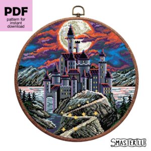 Dracula's castle cross stitch pattern. moon night landscape with vampire castle by Smasterilli. Digital cross stitch pattern for instant download. Medieval Castle Pattern. Enchanted Castle Embroidery #smasterilli #crossstitch #crossstitchpattern #castle #midievalcastle #gothiccrossstitch