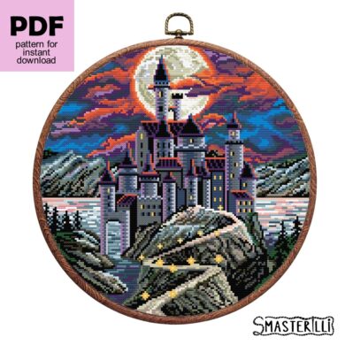 Dracula's castle cross stitch pattern. moon night landscape with vampire castle by Smasterilli. Digital cross stitch pattern for instant download. Medieval Castle Pattern. Enchanted Castle Embroidery #smasterilli #crossstitch #crossstitchpattern #castle #midievalcastle #gothiccrossstitch