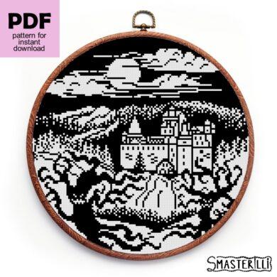 Dracula's Bran castle cross stitch pattern PDF by Smasterilli. Digital cross stitch pattern for instant download. Halloween handmade crafts. Enchanted Castle Embroidery. Medieval Castle Pattern #smasterilli #crossstitch #crossstitchpattern #halloweencrossstitch #halloweengift #draculascastle