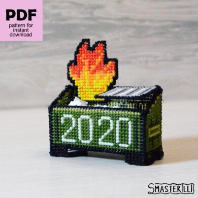 Dumpster fire stationery box made of plastic canvas. Cross stitch pattern and tutorial by Smasterilli. Digital cross stitch pattern for instant download. Plastic Canvas Project. Burning trash meme 3D box for handcraft #smasterilli #crossstitch #crossstitchpattern #plasticcanvas #dumpsterfire #burningtrash #3dpattern
