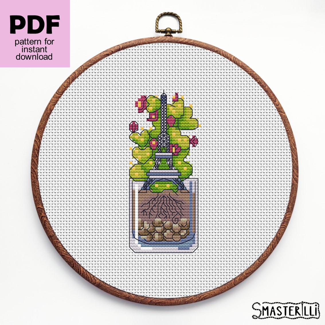 Potted cacti cross stitch pattern with Eiffel tower in the glass. Cute and easy embroidery ornament for beginners by Smasterilli. Digital cross stitch pattern for instant download. easy cross stitch for beginners