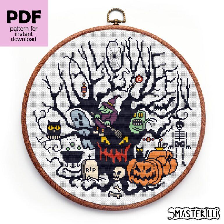 Halloween evil tree cross stitch pattern PDF by Smasterilli. Digital cross stitch pattern for instant download. Halloween handmade crafts #smasterilli #crossstitch #crossstitchpattern #halloweencrossstitch #halloweengift #eviltree #gothiccrossstitch