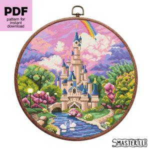 Fairy castle under rainbow cross stitch pattern PDF by Smasterilli. Digital cross stitch pattern for instant download. Medieval Castle Pattern. Enchanted Castle Embroidery #smasterilli #crossstitch #crossstitchpattern #castle #midievalcastle #castle #midievalcastle