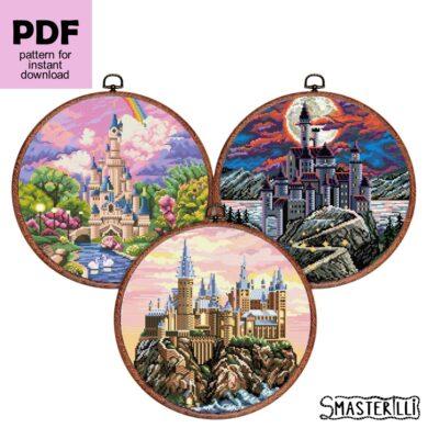 Fantasy castles cross stitch pattern PDF, set of three castles with landscapes. Digital cross stitch pattern for instant download. Medieval Castle Pattern. Enchanted Castle Embroidery #smasterilli #crossstitch #crossstitchpattern #lcastlecrossstitch #midievalcastle #landscapecrossstitch