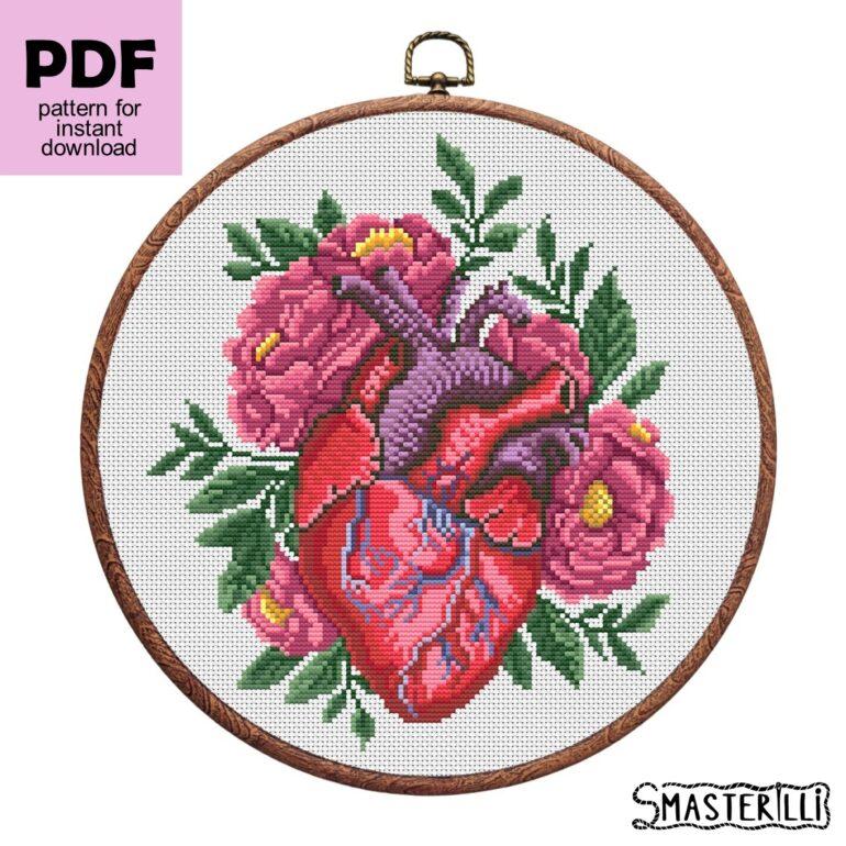 Anatomical heart cross stitch pattern with flowers and plants. Embroidery ornament by Smasterilli. Digital cross stitch pattern for instant download. #smasterilli #crossstitch #crossstitchpattern #lovecrossstitch #valentinedaygift #heartcrossstitch #anatomicalheart