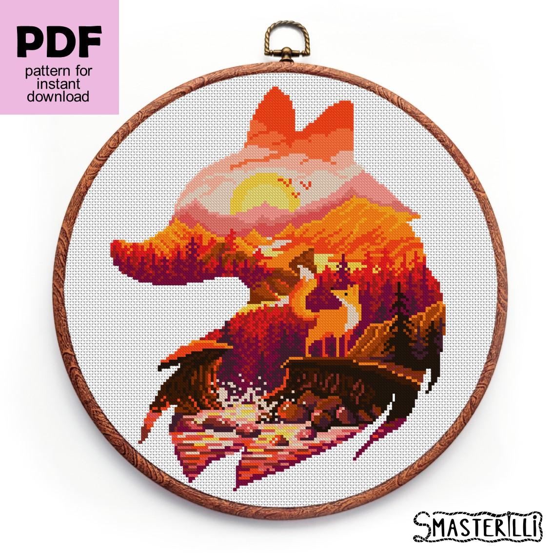 Fox silhouette with autumn forest on sunset cross stitch pattern PDF by Smasterilli. Digital cross stitch pattern for instant download. Forest animals and landscape embroidery design. #smasterilli #crossstitch #crossstitchpattern #animalsilhouette #foxcrosstitch #autumnlandscape