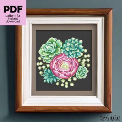 Succulent plants cross stitch pattern PDF , round wreath with flowers embroidery ornament by Smasterilli. Digital cross stitch pattern for instant download. #smasterilli #crossstitch #crossstitchpattern #lovecrossstitch #succulentcrossstitch #floralcrossstitch #plantscrossstitch #flowerwreath