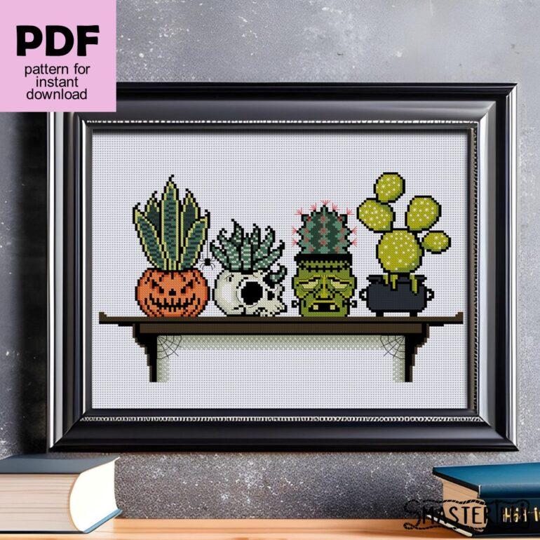 Halloween cacti on bookshelf cross stitch pattern PDF by Smasterilli. Digital cross stitch pattern for instant download. Halloween handmade crafts #smasterilli #crossstitch #crossstitchpattern #halloweencrossstitch #halloweengift #cactuscrossstitch