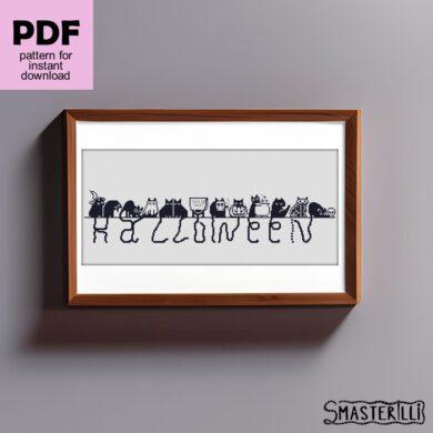 Black cats with tails cross stitch pattern PDF by Smasterilli. Digital cross stitch pattern for instant download. Cat Lover's Gift idea for handmade craft. Halloween handmade crafts #smasterilli #crossstitch #crossstitchpattern #halloweencrossstitch #halloweengift #catcrossstitch