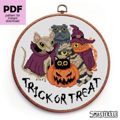Cats in Halloween costumes with trick or treat inscription cross stitch pattern PDF. Digital cross stitch pattern for instant download. Cat Lover's Gift idea for handmade craft. Halloween handmade crafts #smasterilli #crossstitch #crossstitchpattern #halloweencrossstitch #halloweengift #catcrossstitch #blackcats