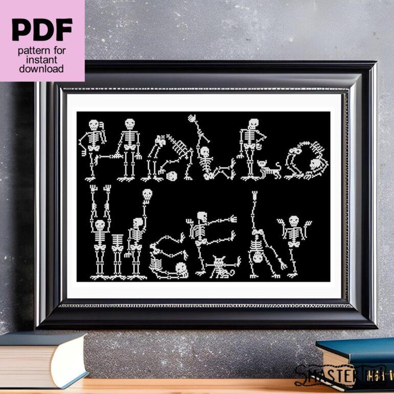 Halloween dancing skeletons cross stitch pattern by Smasterilli. Digital cross stitch pattern for instant download. Halloween handmade crafts #smasterilli #crossstitch #crossstitchpattern #halloweencrossstitch #halloweengift #dancingskeletons