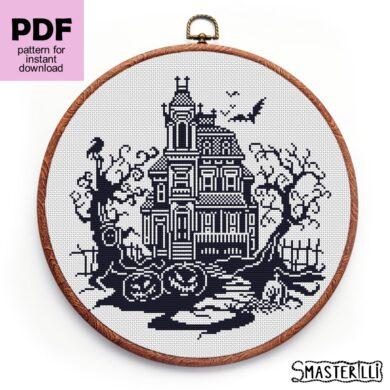 Spooky haunted house in monochrome cross stitch pattern by Smasterilli. Digital cross stitch pattern for instant download. Halloween handmade crafts #smasterilli #crossstitch #crossstitchpattern #halloweencrossstitch #halloweengift #hauntedhouse #gothiccrossstitch