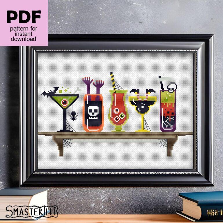 Halloween hell cocktails on bookshelf cross stitch pattern PDF by Smasterilli. Digital cross stitch pattern for instant download. easy cross stitch for beginners. Halloween handmade crafts #smasterilli #crossstitch #crossstitchpattern #halloweencrossstitch #halloweengift #cocktails #gothiccrossstitch