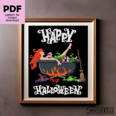 Witch in bath - Halloween cross stitch pattern by Smasterilli. Digital cross stitch pattern for instant download. Halloween handmade crafts #smasterilli #crossstitch #crossstitchpattern #halloweencrossstitch #halloweengift #witch