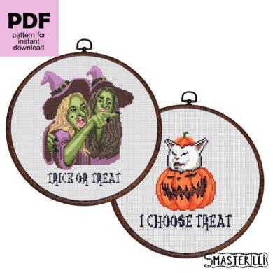 Two witches yelling at cat cross stitch pattern PDF by Smasterilli. Digital cross stitch pattern for instant download. Cat Lover's Gift idea for handmade craft. Halloween handmade crafts #smasterilli #crossstitch #crossstitchpattern #halloweencrossstitch #halloweengift #witch #womanyellingatcat