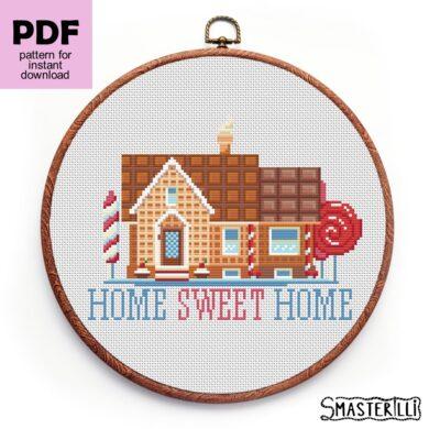 Home sweet home cross stitch pattern PDF by Smasterilli . Cute candy house ornament with words home sweet home. Kitchen décor cross stitch idea #smasterilli #crossstitch #crossstitchpattern #homecrossstitch #candyhouse #homesweethome