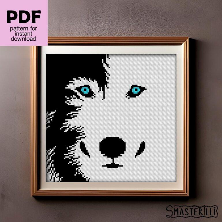 Black and white wolf cross stitch pattern PDF for beginners by Smasterilli. Digital cross stitch pattern for instant download. easy cross stitch for beginners #smasterilli #crossstitch #crossstitchpattern #easycrossstitch #tinycrossstitch #wolfcrossstitch