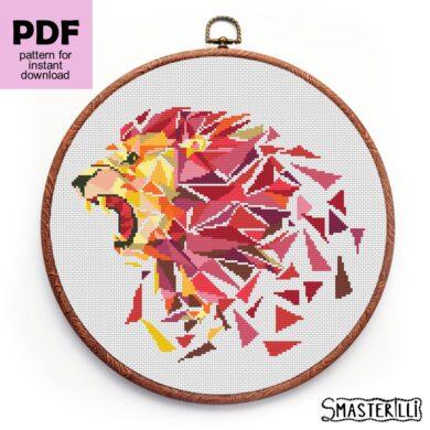 Modern geometric cross stitch pattern with lion , low poly embroidery ornament PDF by Smasterilli. Digital cross stitch pattern for instant download. easy cross stitch for beginners #smasterilli #crossstitch #crossstitchpattern #geometric #lowpolyanimals
