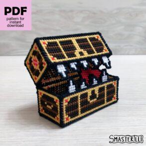Mimic chest cross stitch pattern for plastic canvas by Smasterilli, 3D teethy box pattern and detailed tutorial with photos and instructions. Halloween handmade crafts. Plastic Canvas Project #smasterilli #crossstitch #crossstitchpattern #halloweencrossstitch #halloweengift #plasticcanvas #mimicchest #teethybox