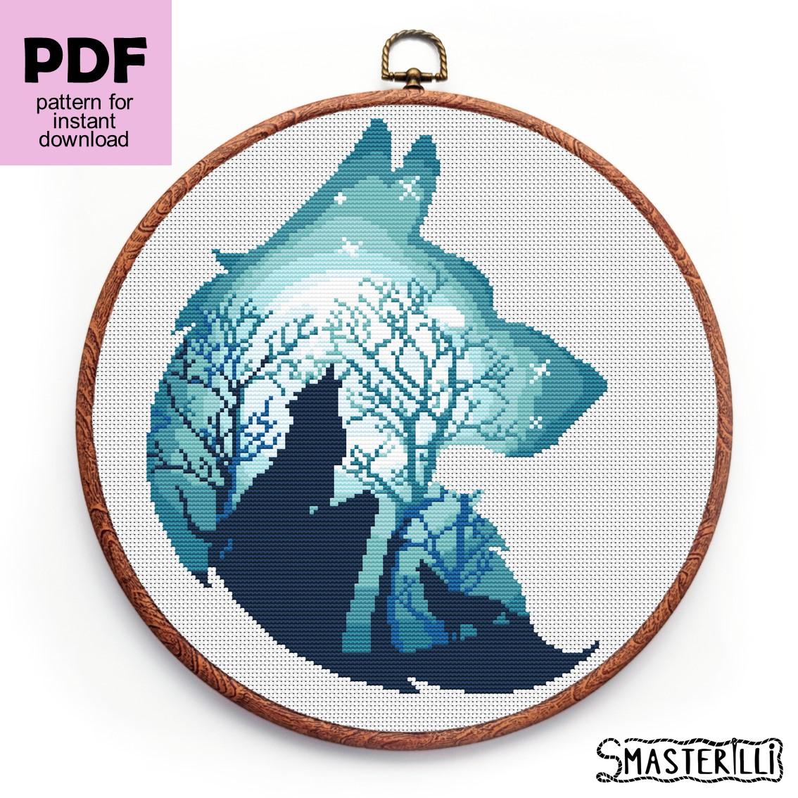 Blue woolf silhouette cross stitch pattern with moon night forest ornament. Embroidery design by Smasterilli. Digital cross stitch pattern for instant download. Forest animals and landscape embroidery design. #smasterilli #crossstitch #crossstitchpattern #wolfcrossstitch #moonlandscape #animalsilhouette #forestlandscape