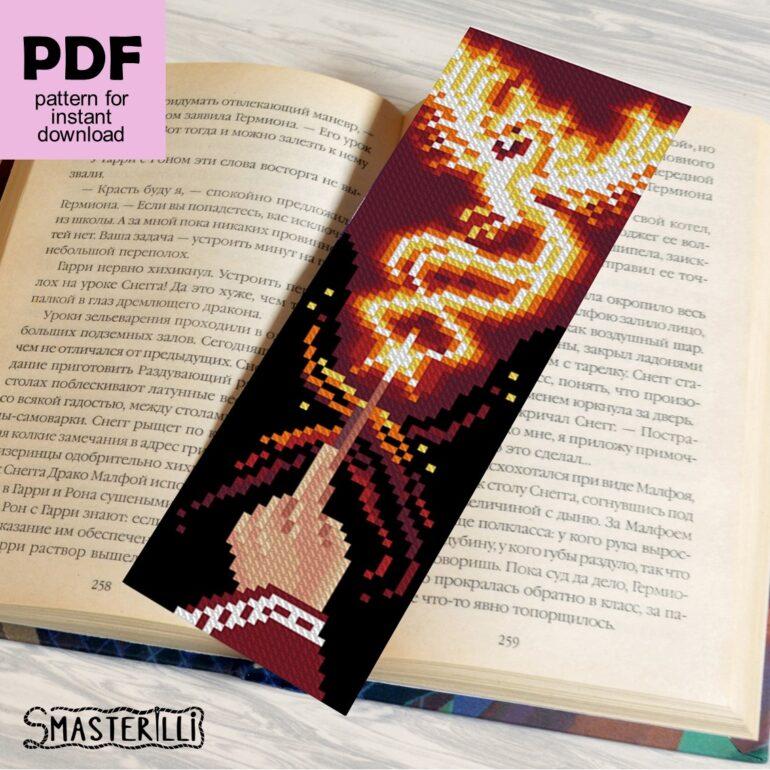 Magic phoenix patronus bookmark cross stitch pattern PDF by Smasterilli. Digital cross stitch pattern for instant download. easy cross stitch for beginners. Book Lover's Craft #smasterilli #crossstitch #crossstitchpattern #bookmarkcrossstitch #phoenixcrossstitch