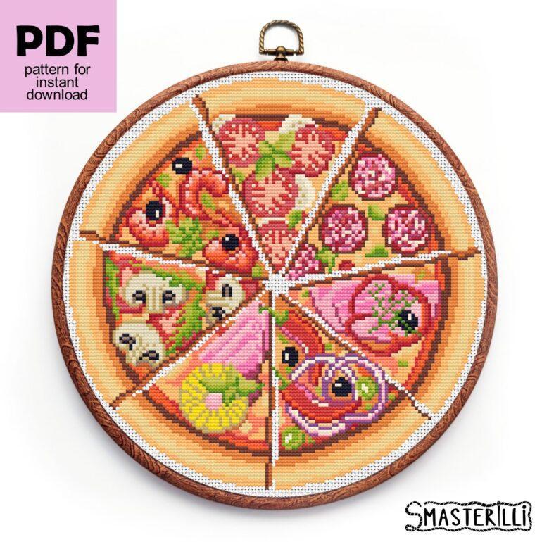 Pizza cross stitch pattern PDF by Smasterilli. Digital cross stitch pattern for instant download. Kitchen décor cross stitch idea 1002 #smasterilli #crossstitch #crossstitchpattern #pizzacrossstitch #kitchencrossstitch #foodcrossstitch