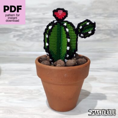 3D realistic potted cactus cross stitch pattern for plastic canvas. Pattern and detailed tutorial with photos and instructions by Smasterilli. Digital cross stitch pattern for instant download. Plastic Canvas Project #smasterilli #crossstitch #crossstitchpattern #plasticcanvas #cactuscrossstitch #houseplants