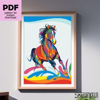 Rainbow horse cross stitch pattern PDF, animals in pop art style. Digital cross stitch pattern for instant download. #smasterilli #crossstitch #crossstitchpattern #rainbowanimals #popart #horse #largecrossstitch