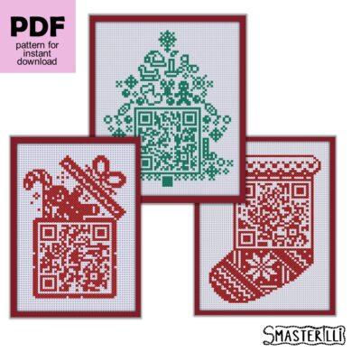 QR code with Christmas wishes and quotes cross stitch pattern for Xmas gifts by Smasterilli. Digital cross stitch pattern for instant download.Christmas handmade crafts #smasterilli #crossstitch #crossstitchpattern #wintercrossstitch #christmascrossstitch #qrcode