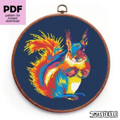 Rainbow animals: colorful squirrel cross stitch pattern PDf by Smasterilli. Digital cross stitch pattern for instant download. #smasterilli #crossstitch #crossstitchpattern #rainbowanimals #squirrel #popart